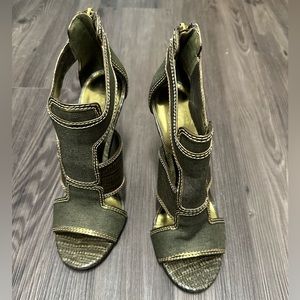 NWOT Tory Burch Geoff Metallic Lizard & Linen Heels - Olive